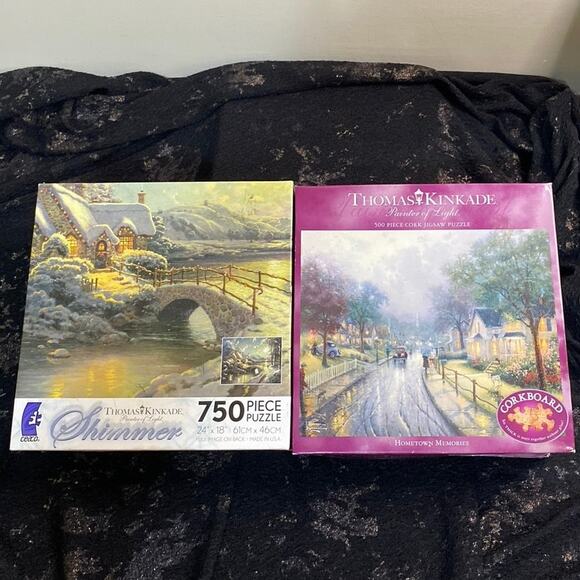 Thomas Kinkade Puzzle Bundle 2 Brand New Winter Holiday Snow Corkboard Shimmer - Picture 1 of 10